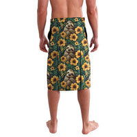 Green seamless lavalava skirt with sloth and yellow flower print, back view