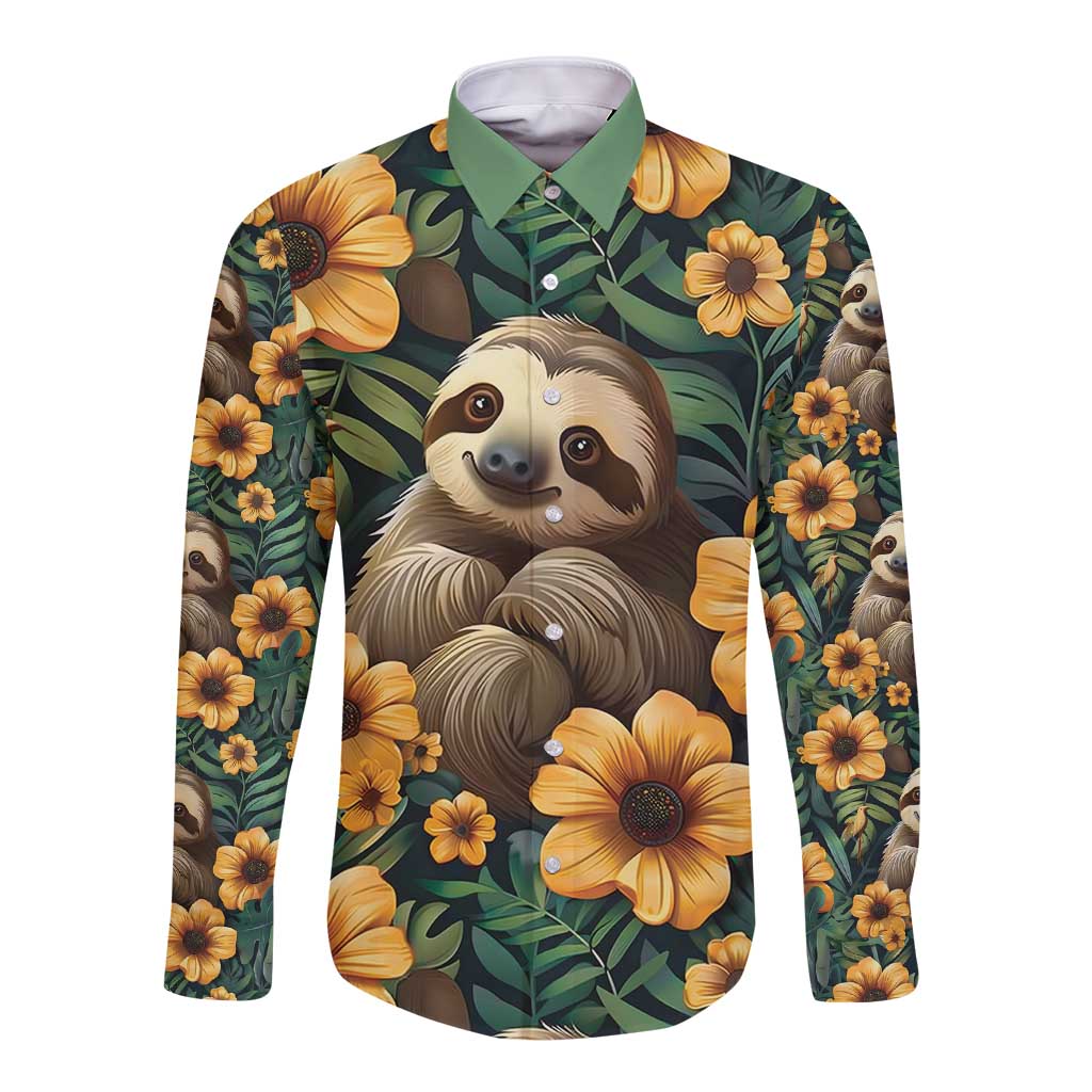 Green long-sleeve button shirt with sloth and yellow flowers graphic, spread collar
