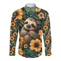 Green long-sleeve button shirt with sloth and yellow flowers graphic, spread collar