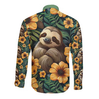 Green long-sleeve button shirt with sloth portrait and floral pattern, button-front