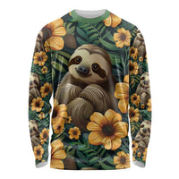 Unisex green long-sleeve shirt with sloth and yellow flowers tropical leaf print