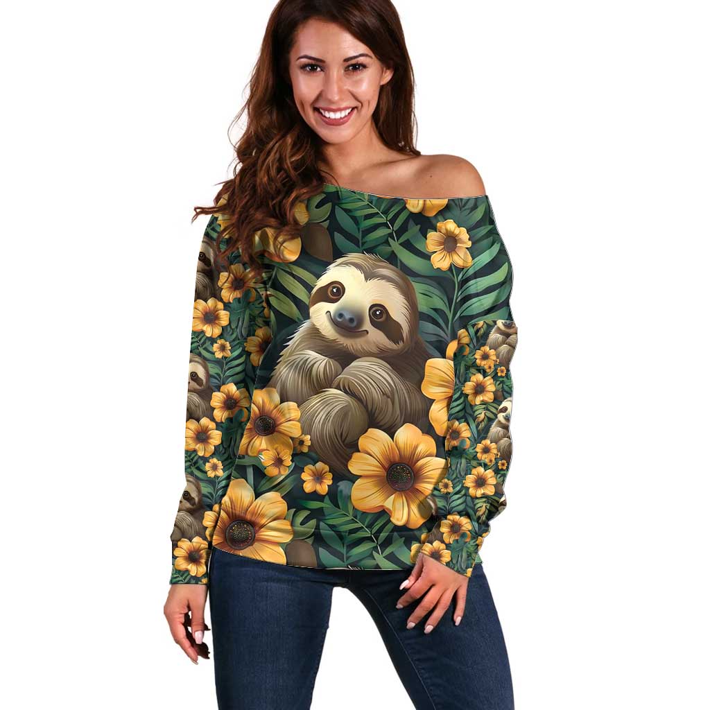 Sloth with Flowers Seamless Style Off Shoulder Sweater - Wonder Print Shop