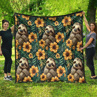 Green quilt with sloth faces and yellow-orange flowers, seamless pattern