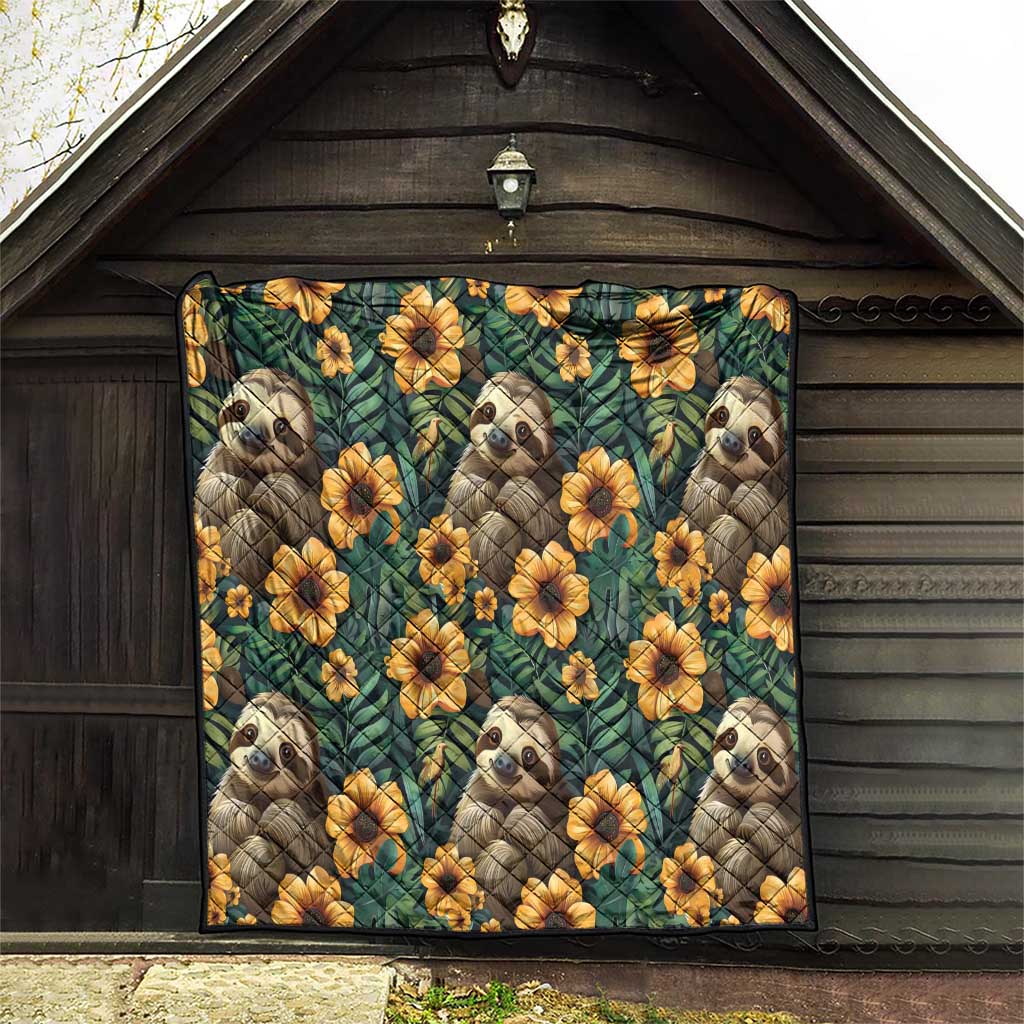 Green sloth quilt with yellow flowers, hanging on a wooden shed wall
