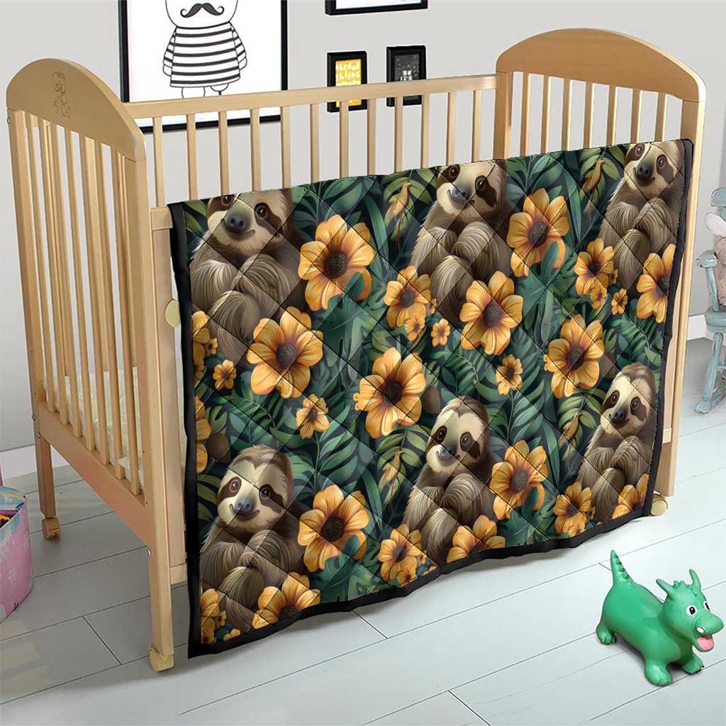 Green sloth quilt with yellow flowers, covering a light wood baby crib