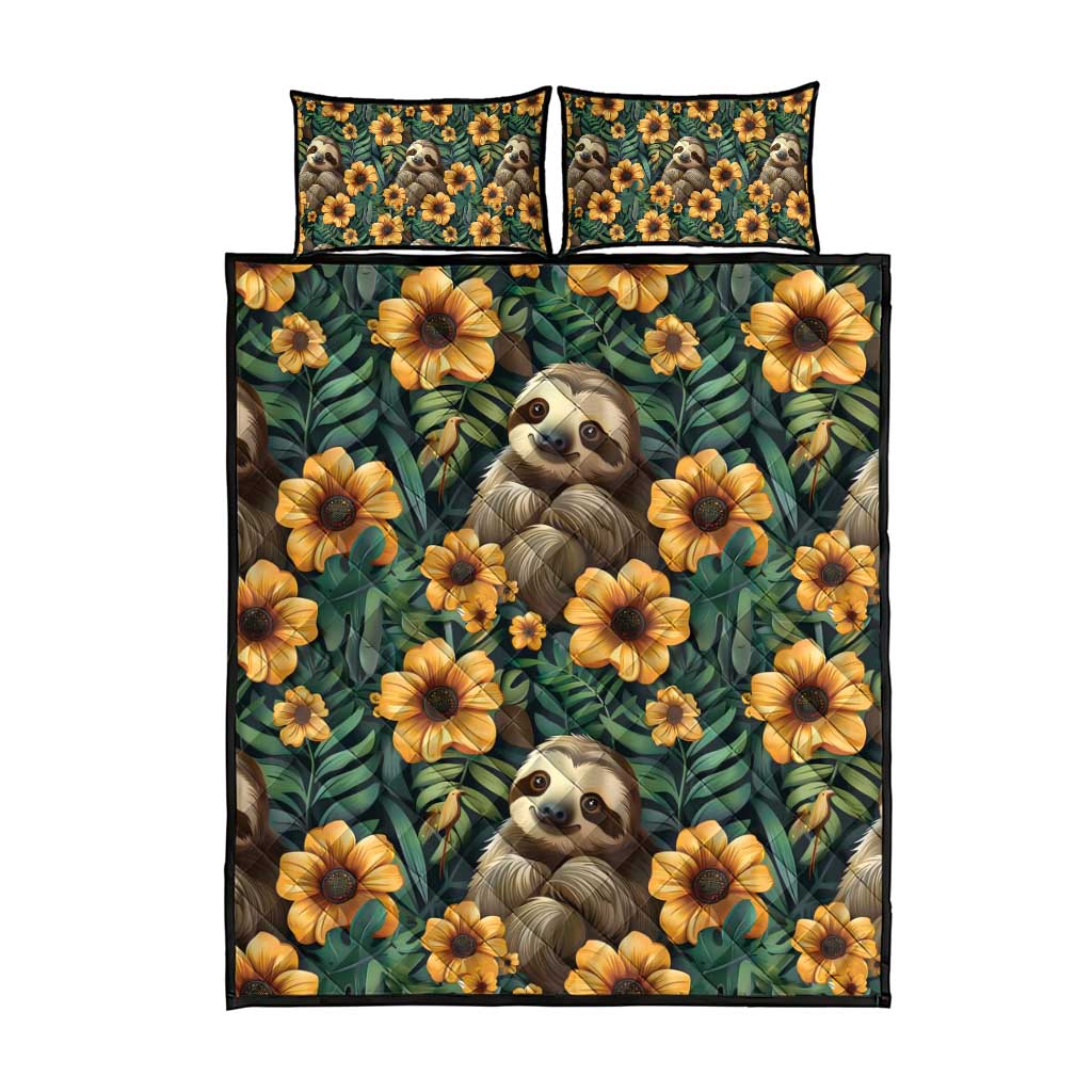 Green sloth and yellow flower quilt with two pillow shams, flat lay set