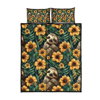 Green sloth and yellow flower quilt with two pillow shams, flat lay set