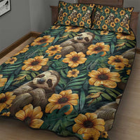 Green sloth-face quilt with large yellow flowers pattern
