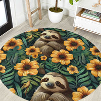 Green round carpet with sloth portrait and yellow flowers on tropical leaf design.