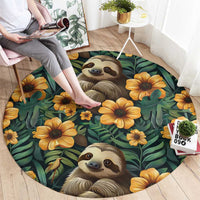 Green round area rug with sloth faces and yellow flowers, seamless pattern.