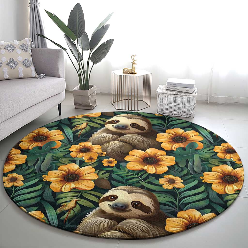 Round green sloth-and-flower rug with yellow blooms on leafy pattern.