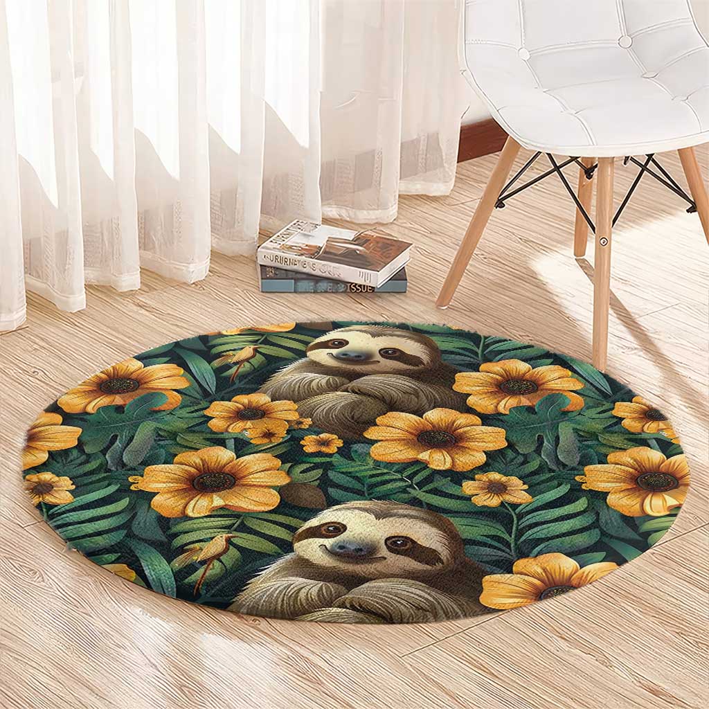 Green round sloth rug with yellow flowers, designed for indoor flooring.