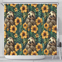 Shower curtain with full repeating sloth-and-flower pattern on deep green