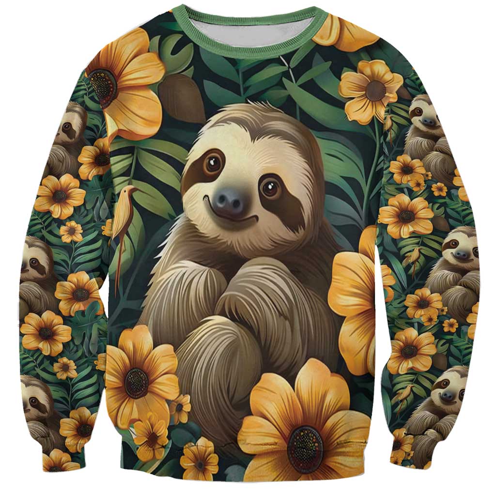 Green seamless style sweatshirt with cute sloth face and yellow flower pattern, long sleeves