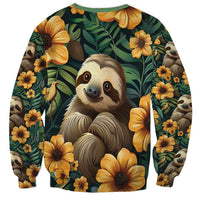Green seamless style sweatshirt with sloth portrait, yellow flower print, crew neck, long sleeves