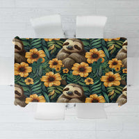 Green seamless tablecloth with sloths and yellow flowers, full-pattern view.