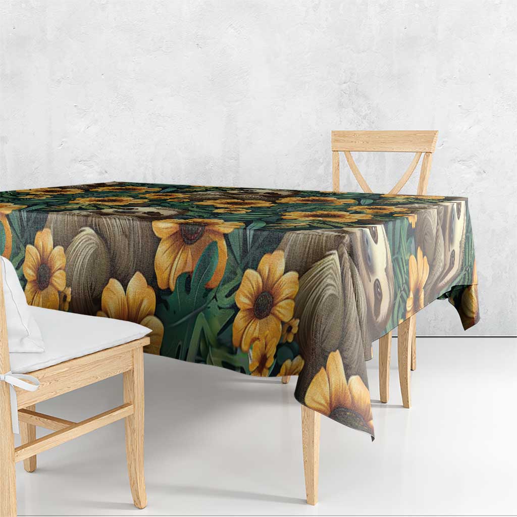 Green tablecloth with sloths and yellow flowers, side view of corner drape.