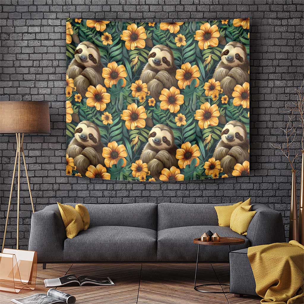 Sloth with Flowers Seamless Style Tapestry