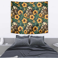 Green rectangular tapestry with sloth faces and orange flower pattern