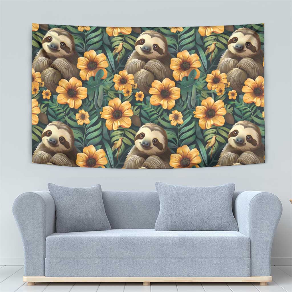 Green sloth-and-flower tapestry, rectangular wall hanging with repeating pattern