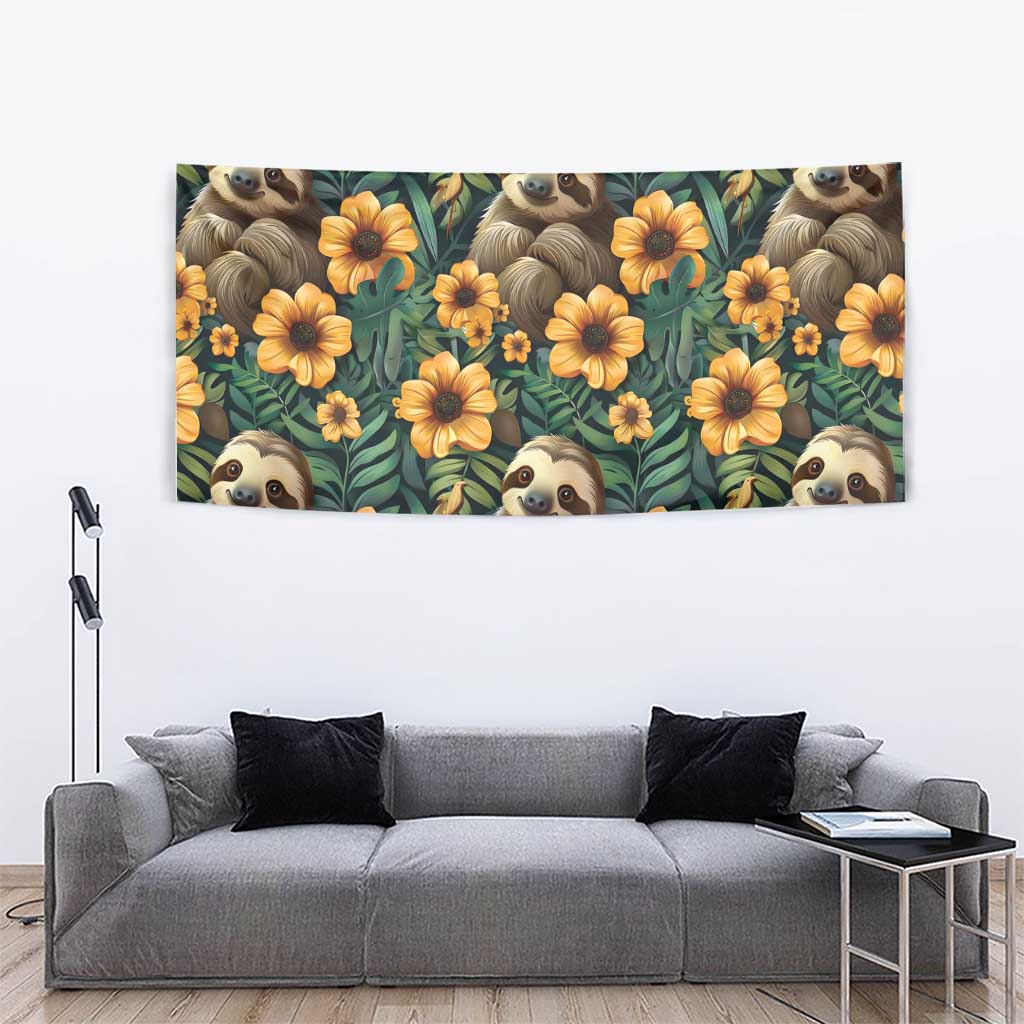 Green tapestry with sloth faces and orange/yellow flowers, rectangular wall hanging
