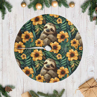 Round green tree skirt with sloth faces and yellow flowers, matching fringe.