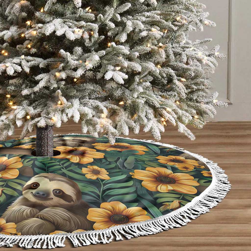 Green tree skirt with sloth face artwork and yellow flowers, fringed edge border.