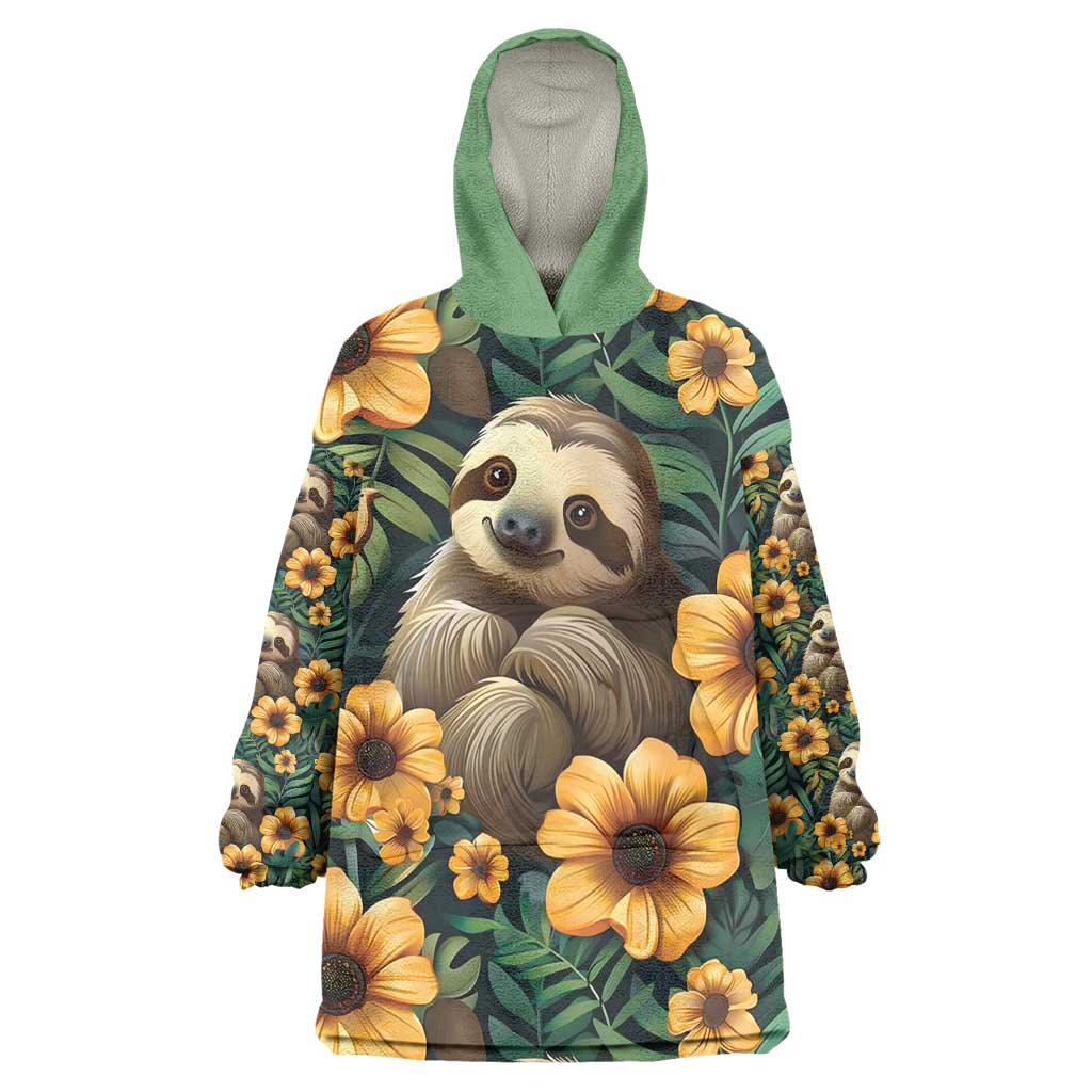 Sloth with Flowers Seamless Style Wearable Blanket Hoodie