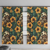 Green window curtain with sloth faces and large yellow flowers on dark leafy background