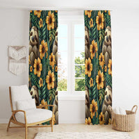 Green curtain panels with sloth faces and yellow flowers, pleated for hanging