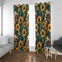 Green window curtain panels with sloth faces and yellow flowers, spaced with pleats