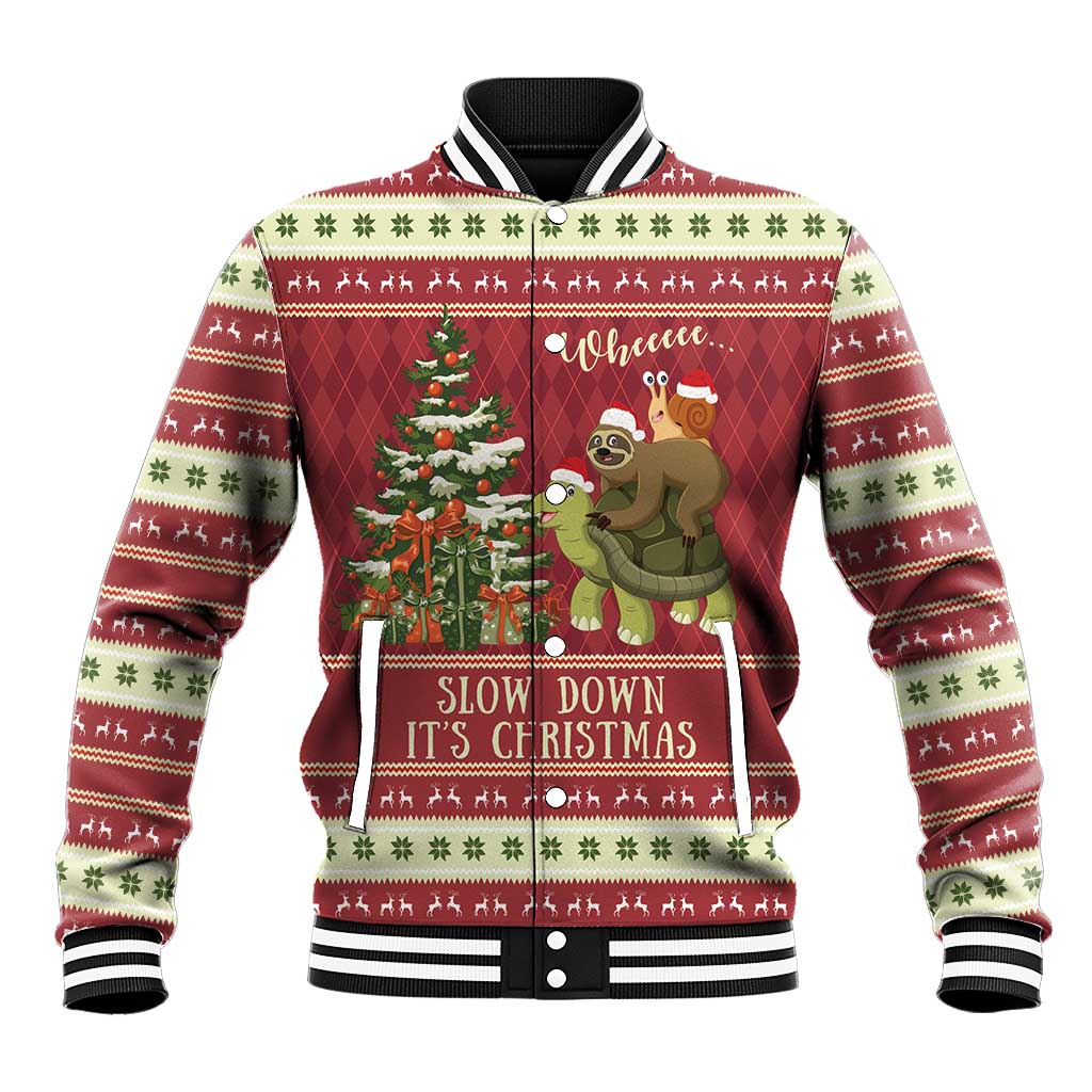Red and cream festive graphic baseball jacket with ribbed collar and striped cuffs