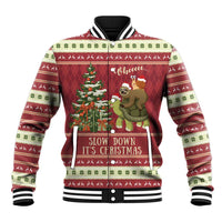 Red and cream festive graphic baseball jacket with ribbed collar and striped cuffs