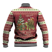 Back of red and cream festive baseball jacket with holiday animal print and ribbed hem