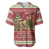 Red Christmas baseball jersey with sloth on turtle, tree graphic, 'Slow down It's Christmas'