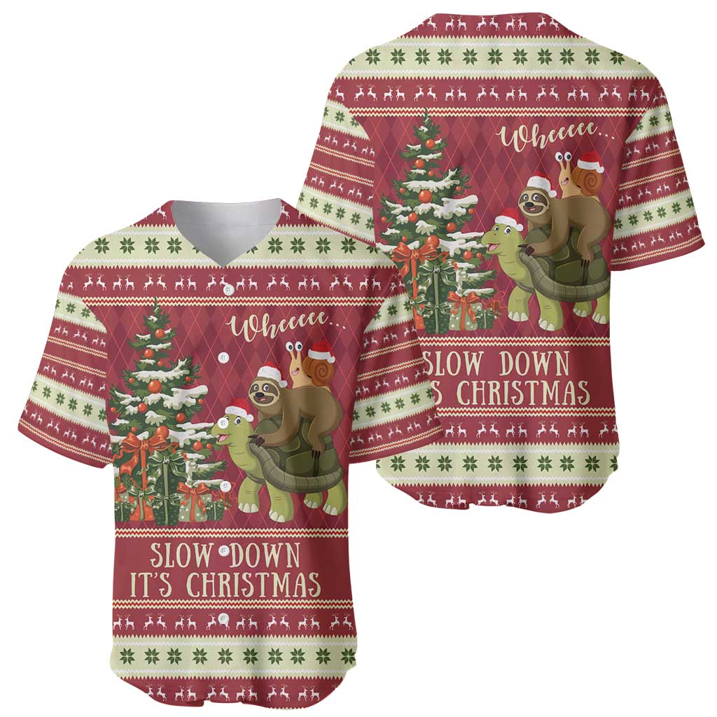 Red Christmas baseball jersey set: front and back, sloth on turtle with tree and 'Slow down'