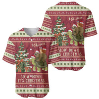 Red Christmas baseball jersey set: front and back, sloth on turtle with tree and 'Slow down'