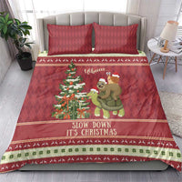 Red Christmas bedding set with sloth and snail on turtle design, quilt and 2 pillows