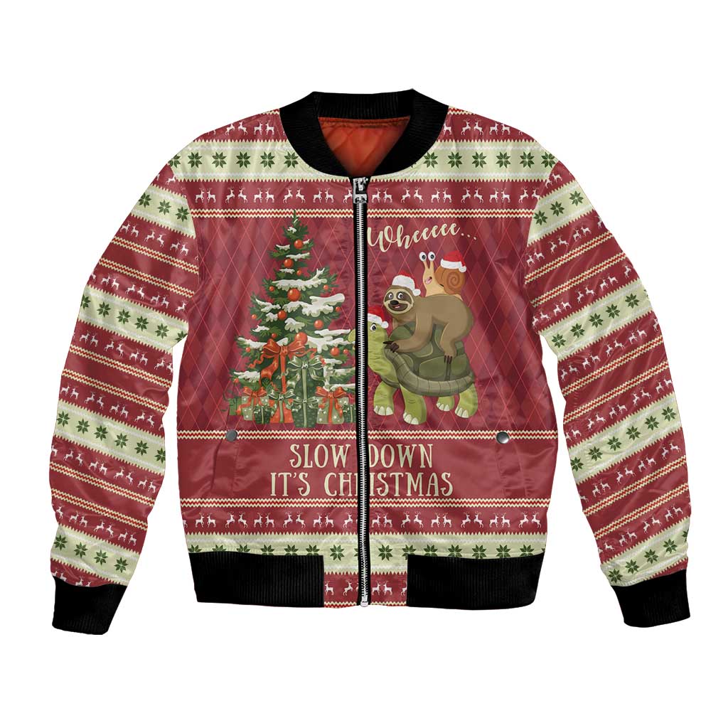 Red unisex bomber jacket with sloth and snail Christmas graphic, ribbed cuffs and hem