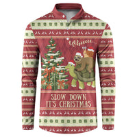 Red Christmas henley sweatshirt with sloth, snail, and turtle graphic and “Slow Down” text