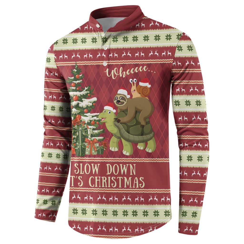 Maroon Christmas henley sweatshirt with “Wheee” sloth and turtle graphic, festive border pattern