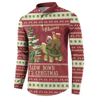 Maroon Christmas henley sweatshirt with “Wheee” sloth and turtle graphic, festive border pattern