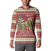 Christmas henley sweatshirt in red with sloth riding turtle graphic and “Slow Down It’s Christmas”