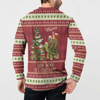 Back view of red Christmas henley sweatshirt with “Wheee” sloth riding turtle holiday print