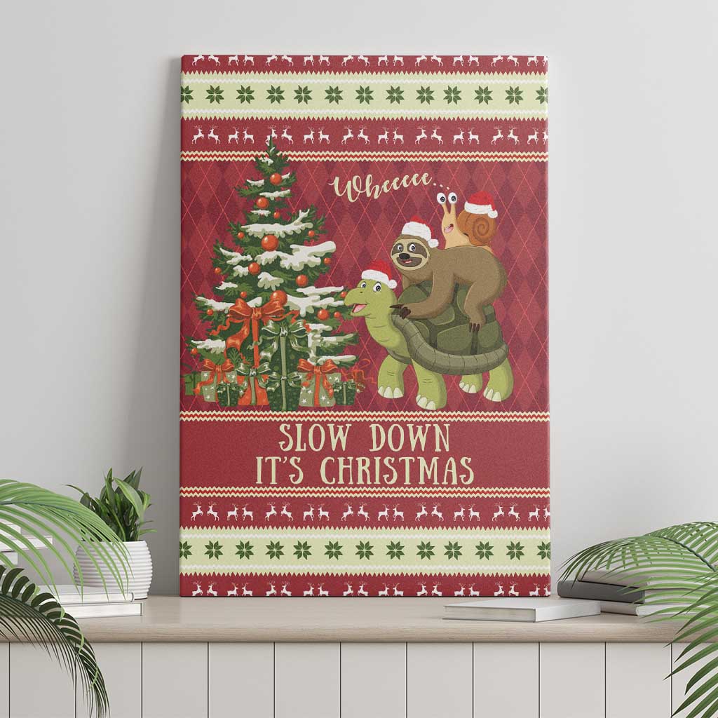 Red Christmas canvas wall art with sloth and snail riding a turtle, tree and "Slow down" text