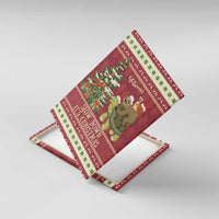 Red Christmas canvas wall art with sloth and snail riding turtle, festive border and tree