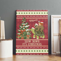 Red Christmas canvas wall art with sloth and snail riding turtle, decorated tree, and border patterns