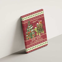 Red Christmas canvas wall art featuring sloth and snail riding turtle beside a decorated evergreen