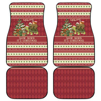 Red Christmas car floor mats set with sloth and snail riding a turtle motif