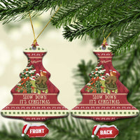 Red bell-shaped ceramic Christmas ornament, sloth and snail on turtle; gold string